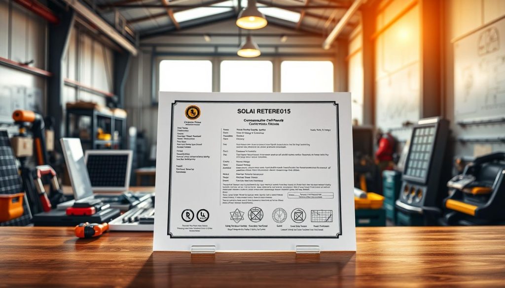 A comprehensive solar panel conformity certificate displayed against a backdrop of a modern, well-lit industrial workspace. The certificate is showcased on a sturdy wooden table, its surface reflecting the warm glow of the overhead lighting. In the foreground, various tools and instruments related to solar panel installation and maintenance are neatly arranged, conveying a sense of professionalism and attention to detail. The middle ground features a large window, allowing natural daylight to filter in and create a balanced, airy atmosphere. In the background, the walls are adorned with technical diagrams and schematics, highlighting the technical expertise and knowledge required for the solar energy industry.