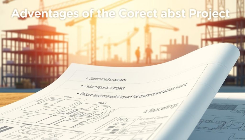 A detailed illustration of "Advantages of the Green List for Construction Projects". In the foreground, a blueprint or architectural plan is prominently displayed, showcasing the key components of a construction project. The middle ground features a list of advantages, such as streamlined approval processes, reduced environmental impact, and financial incentives, all presented in a clean, organized manner. The background subtly depicts a construction site, with cranes, scaffolding, and workers, all bathed in a warm, natural lighting that creates a sense of progress and productivity. The overall composition conveys the practical benefits of utilizing the Green List for sustainable construction, aligning with the section title "Using the C2P Green List for Your Construction Projects".