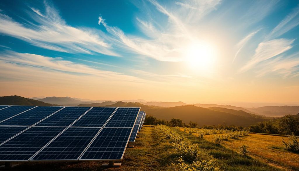A harmonious landscape showcasing the harmonisation of photovoltaic standards across Europe. In the foreground, a series of sleek, modern solar panels arranged in a symmetrical pattern, capturing the sun's rays with precision. The middle ground features rolling hills and lush greenery, representing the diverse European terrain. In the background, a vibrant sky with wispy clouds, illuminated by warm, golden lighting that casts a unifying glow over the entire scene. The composition emphasizes the seamless integration of renewable energy technology within the natural environment, conveying a sense of progress and environmental harmony.