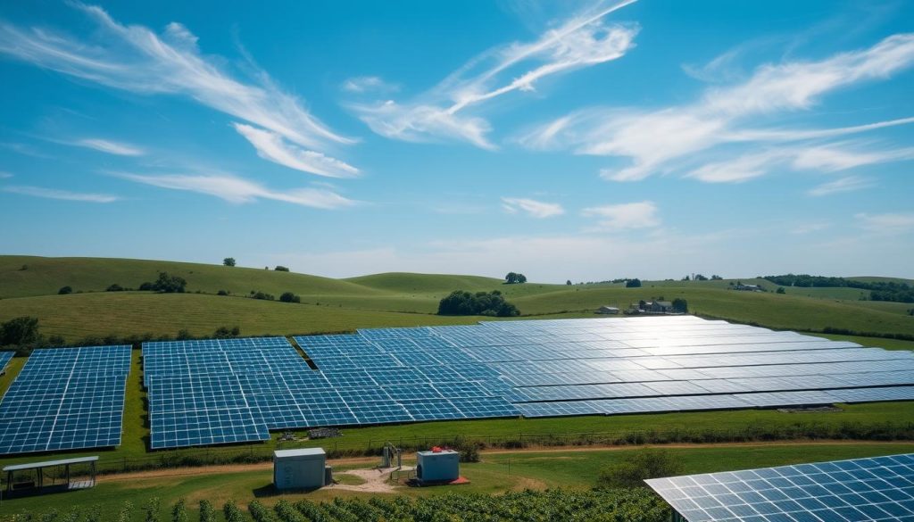 A large solar power installation situated in a lush, rolling countryside landscape. The solar panels are arranged in neat rows, capturing the sun's rays with precision. In the foreground, there are several small structures, possibly equipment sheds or transformers, blending seamlessly into the environment. The sky is a deep, clear blue, with wispy clouds drifting overhead. The lighting is natural and diffused, creating an even, warm illumination across the scene. The overall mood is one of clean, renewable energy generation in harmony with the natural surroundings. Technical details such as the solar panel models, tilt angles, and inverter equipment are visible but not the primary focus.