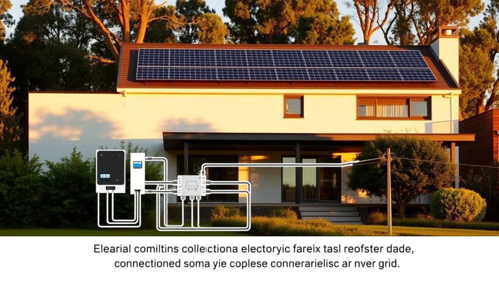 A modern, clean-lined home with a prominent solar array on the rooftop, surrounded by lush greenery. Warm, golden sunlight illuminates the scene, casting long shadows. In the foreground, a detailed diagram showcases the electrical components and infrastructure of the photovoltaic system, highlighting the connection points and integration with the home's power grid. The diagram presents the technical details in a clear, easy-to-understand manner. The overall composition conveys the seamless, efficient integration of solar power into a residential setting, reflecting the impact of the connection costs on the viability of the solar project.