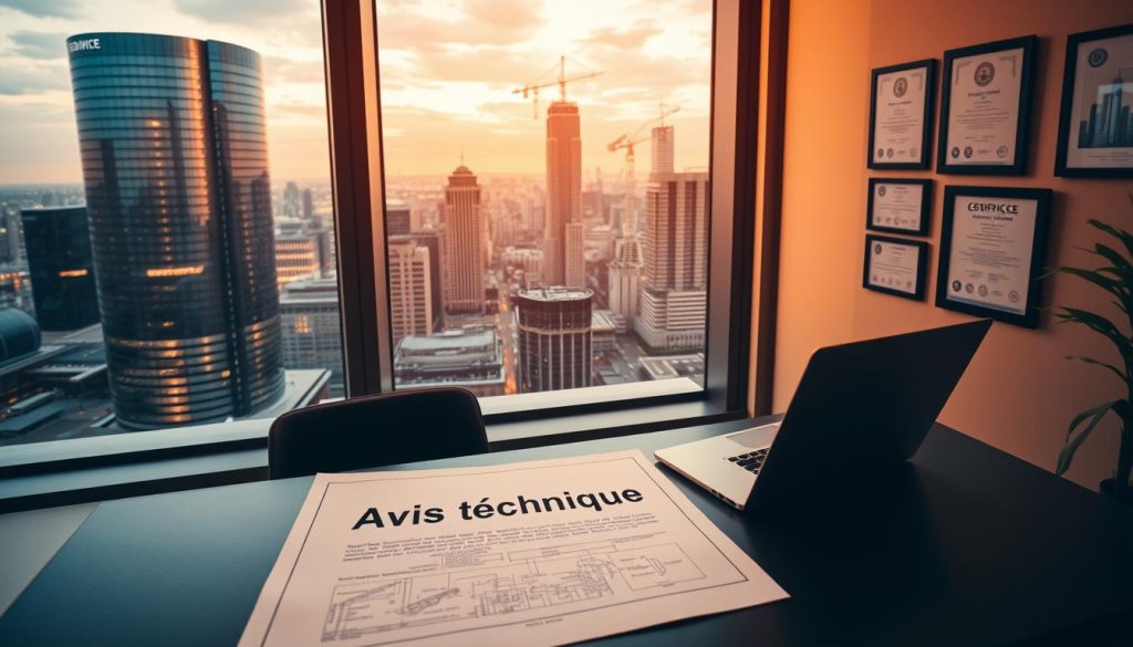 A modern office interior with a large window overlooking a bustling city skyline. In the foreground, a desk with an official-looking document labeled "Avis Technique" and a laptop displaying technical schematics. On the wall, framed certificates and awards related to engineering and construction. Warm, directional lighting creates a professional atmosphere. The overall scene conveys a sense of expertise, precision, and the process of obtaining a technical assessment or approval.