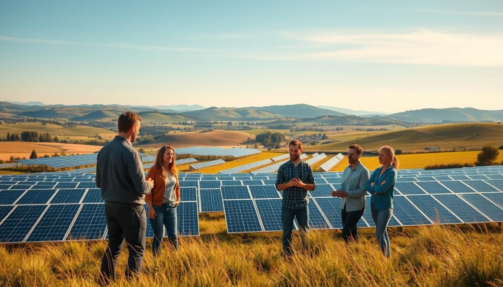 A panoramic landscape depicting a field of solar panels nestled in a picturesque countryside, with rolling hills and a clear blue sky in the background. In the foreground, a group of people enthusiastically discussing and collaborating on a solar energy project, their faces animated and engaged. The scene conveys a sense of community, innovation, and the growing momentum of renewable energy solutions. Warm, natural lighting bathes the scene, creating a sense of optimism and progress. The overall composition emphasizes the harmonious integration of solar technology within the natural environment, showcasing the potential for sustainable energy solutions.