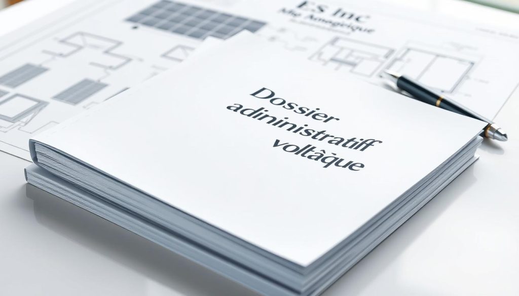 A sleek, high-resolution photograph of a neatly organized administrative dossier for a photovoltaic system. The dossier is placed on a clean, well-lit desk, with a subtle background of technical diagrams or architectural plans related to solar power installations. The dossier's cover features a minimalist design with the title "Dossier Administratif Photovoltaïque" prominently displayed. The lighting is soft and diffused, creating a professional, authoritative atmosphere. The camera angle is slightly elevated, giving the viewer a sense of the importance and attention to detail in the administrative process. The overall composition conveys a sense of organization, efficiency, and the diligent management of renewable energy projects.