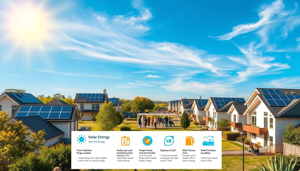 A sun-dappled landscape with solar panels adorning the rooftops of modern, energy-efficient homes. In the foreground, a well-designed and visually appealing informational display showcasing various financial incentives and subsidies available for homeowners to invest in solar power. The display features clean typography, intuitive icons, and a balanced color palette that instantly conveys the key details. The middle ground is filled with people of diverse backgrounds engaged in lively discussions, indicating a thriving solar energy community. The background is dominated by a clear, blue sky with wispy clouds, creating a sense of optimism and progress. The overall scene exudes a tone of accessibility, affordability, and environmental responsibility. A sun-dappled landscape with solar panels adorning the rooftops of modern, energy-efficient homes. In the foreground, a well-designed and visually appealing informational display showcasing various financial incentives and subsidies available for homeowners to invest in solar power. The display features clean typography, intuitive icons, and a balanced color palette that instantly conveys the key details. The middle ground is filled with people of diverse backgrounds engaged in lively discussions, indicating a thriving solar energy community. The background is dominated by a clear, blue sky with wispy clouds, creating a sense of optimism and progress. The overall scene exudes a tone of accessibility, affordability, and environmental responsibility.