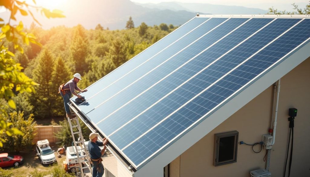 A sun-dappled outdoor scene depicting the installation of residential solar panels. In the foreground, a team of workers carefully mounting sleek, black photovoltaic panels onto the angled roof of a modern home, their tools and equipment neatly organized nearby. The middle ground showcases the interconnected wiring and electrical components, expertly integrated into the home's infrastructure. In the background, a lush, verdant landscape frames the scene, hinting at the sustainable and environmentally-conscious nature of the project. The lighting is soft and natural, with warm rays of sunshine casting gentle shadows. The overall atmosphere conveys a sense of precision, efficiency, and a commitment to renewable energy solutions. A sun-dappled outdoor scene depicting the installation of residential solar panels. In the foreground, a team of workers carefully mounting sleek, black photovoltaic panels onto the angled roof of a modern home, their tools and equipment neatly organized nearby. The middle ground showcases the interconnected wiring and electrical components, expertly integrated into the home's infrastructure. In the background, a lush, verdant landscape frames the scene, hinting at the sustainable and environmentally-conscious nature of the project. The lighting is soft and natural, with warm rays of sunshine casting gentle shadows. The overall atmosphere conveys a sense of precision, efficiency, and a commitment to renewable energy solutions.