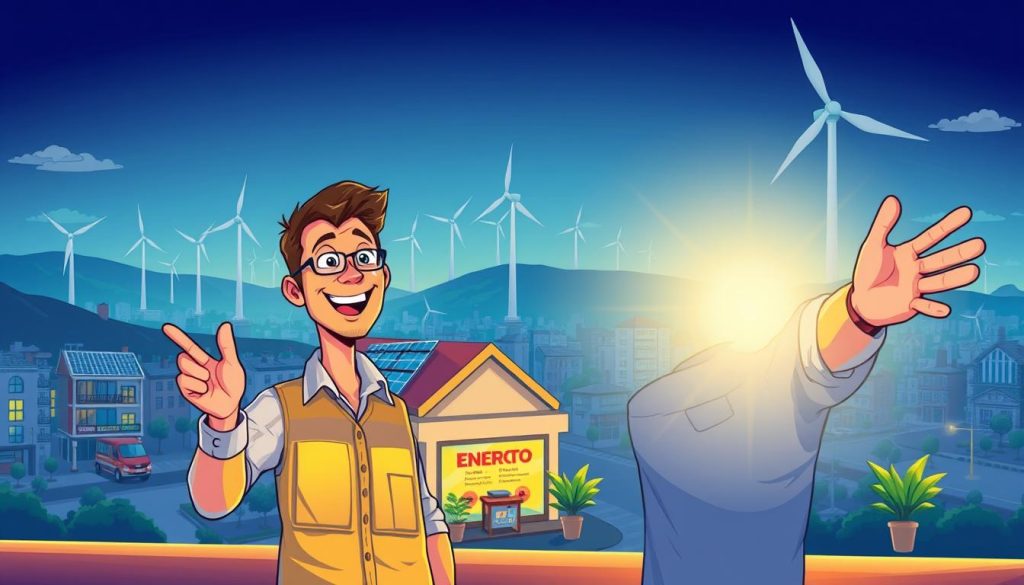 A well-lit, detailed illustration depicting a small business owner enthusiastically supporting renewable energy sources. In the foreground, the owner gestures with confidence, their face radiating optimism. The middle ground showcases their small, vibrant commercial premises, solar panels adorning the roof. In the background, a bustling urban landscape with wind turbines on the horizon symbolizes the broader renewable energy landscape. The scene conveys a sense of progress, innovation, and the tangible benefits renewable energy can bring to small enterprises. A well-lit, detailed illustration depicting a small business owner enthusiastically supporting renewable energy sources. In the foreground, the owner gestures with confidence, their face radiating optimism. The middle ground showcases their small, vibrant commercial premises, solar panels adorning the roof. In the background, a bustling urban landscape with wind turbines on the horizon symbolizes the broader renewable energy landscape. The scene conveys a sense of progress, innovation, and the tangible benefits renewable energy can bring to small enterprises.