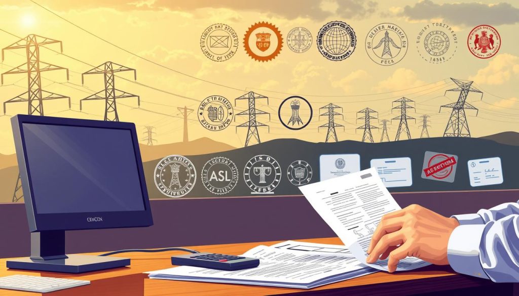 Detailed illustration of administrative procedures for electricity excise tax refund. In the foreground, a person fills out forms and submits documentation, with a computer monitor and calculator visible. In the middle ground, various government seals, stamps, and signatures symbolize the bureaucratic process. The background depicts a power grid, electricity pylons, and a cloudy sky, highlighting the connection between electricity consumption and the refund application. The lighting is warm and professional, capturing the seriousness of the subject matter. The scene conveys the step-by-step nature of the refund procedures with a sense of order and organization. Detailed illustration of administrative procedures for electricity excise tax refund. In the foreground, a person fills out forms and submits documentation, with a computer monitor and calculator visible. In the middle ground, various government seals, stamps, and signatures symbolize the bureaucratic process. The background depicts a power grid, electricity pylons, and a cloudy sky, highlighting the connection between electricity consumption and the refund application. The lighting is warm and professional, capturing the seriousness of the subject matter. The scene conveys the step-by-step nature of the refund procedures with a sense of order and organization.