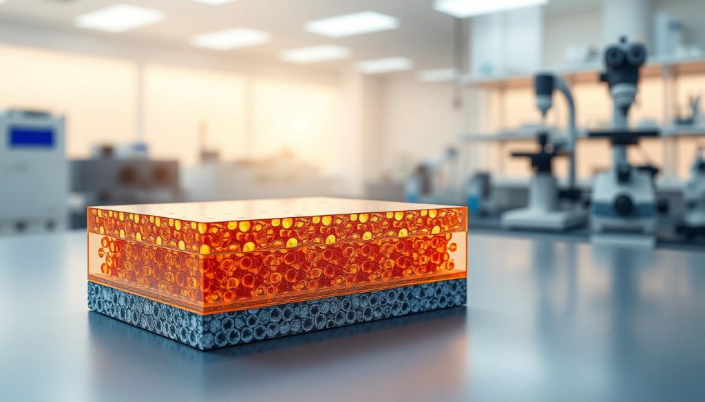 A cross-sectional view of thin film deposition showcasing the intricate layering and structure. In the foreground, a highly detailed micrograph captures the precise arrangement of atoms and molecules, conveying the nanoscale precision of thin film engineering. The middle ground features a schematic diagram illustrating the various deposition techniques, such as sputtering, evaporation, and chemical vapor deposition. In the background, a serene laboratory setting with advanced thin film characterization equipment, including spectroscopic and microscopic instruments, creates a sense of scientific rigor and exploration. Soft, diffused lighting illuminates the scene, highlighting the delicate nature of these nanoscale structures and the meticulous processes involved in their creation.