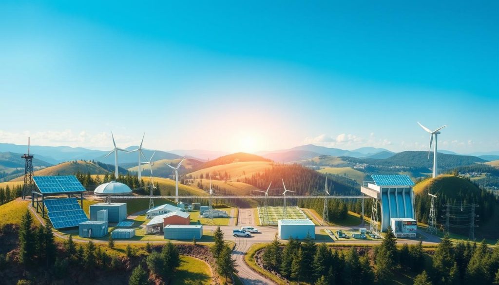 A detailed architectural diagram showcasing a comprehensive renewable energy system. The foreground depicts various renewable energy sources like solar panels, wind turbines, and hydroelectric generators, all interconnected through a sophisticated grid network. The middle ground highlights energy storage solutions such as batteries and pumped-storage hydroelectricity, ensuring a reliable and balanced energy supply. The background features a stylized landscape with rolling hills, forests, and a clear blue sky, conveying a sense of environmental harmony. The lighting is crisp and clean, with warm tones highlighting the renewable energy components. The overall composition emphasizes the integration and cohesiveness of a well-designed renewable energy infrastructure.