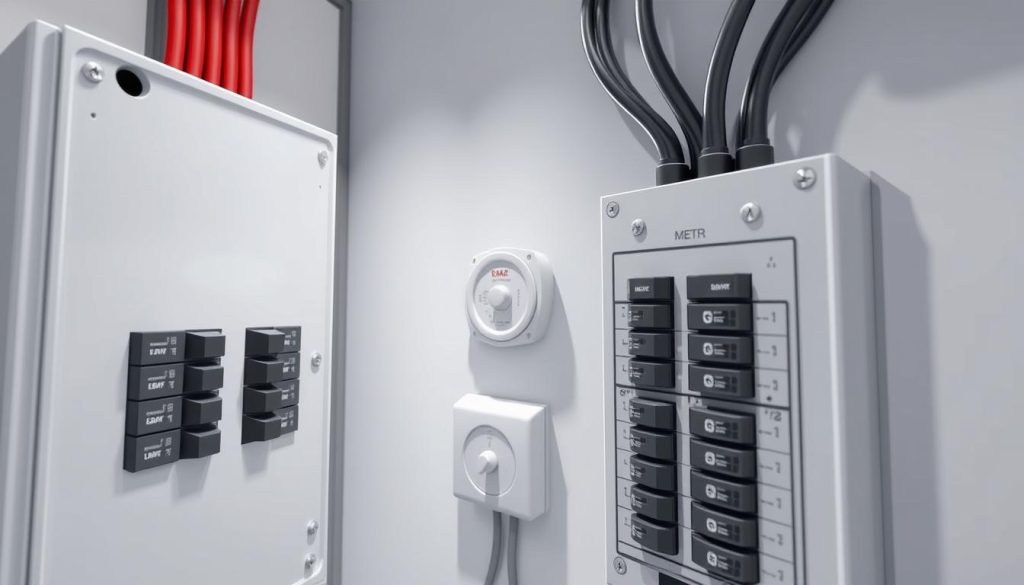 A detailed, close-up illustration of the electrical connection setup for a newly constructed home. The foreground depicts the main circuit breaker panel, with various breakers and wiring connections clearly visible. The middle ground showcases the electrical meter and the point of entry for the main power supply line. In the background, the exterior wall of the home is visible, with clean, modern architecture and precise lines. The lighting is bright and evenly distributed, creating a sense of clarity and technical precision. The overall atmosphere conveys a sense of functionality, efficiency, and attention to detail, befitting the technical nature of the subject matter.