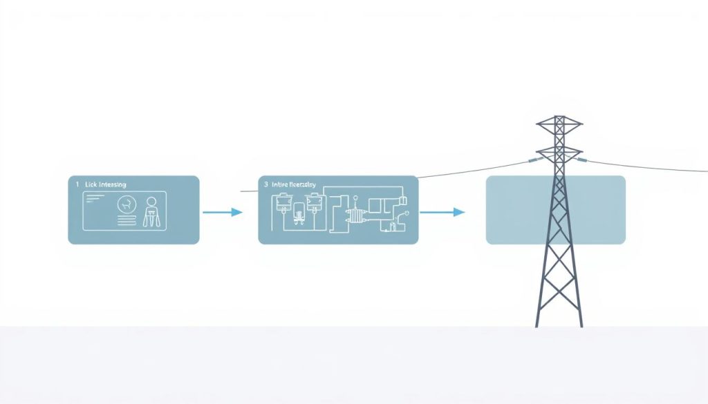 A detailed illustration depicting the step-by-step process of an online power grid connection, set against a clean, minimalist background. The foreground showcases a series of intuitive, user-friendly interface elements, such as clickable icons and interactive diagrams, guiding the viewer through the various stages of the simulation. The middle ground features a simplified, schematic representation of the electrical infrastructure, with clean lines and geometric shapes conveying the technical aspects in an accessible manner. The background maintains a subtle, neutral tone, allowing the key visual elements to take center stage and emphasize the straightforward, streamlined nature of the online connection process. Soft, diffused lighting creates a sense of clarity and approachability, while a slightly elevated camera angle provides an overview of the entire workflow.