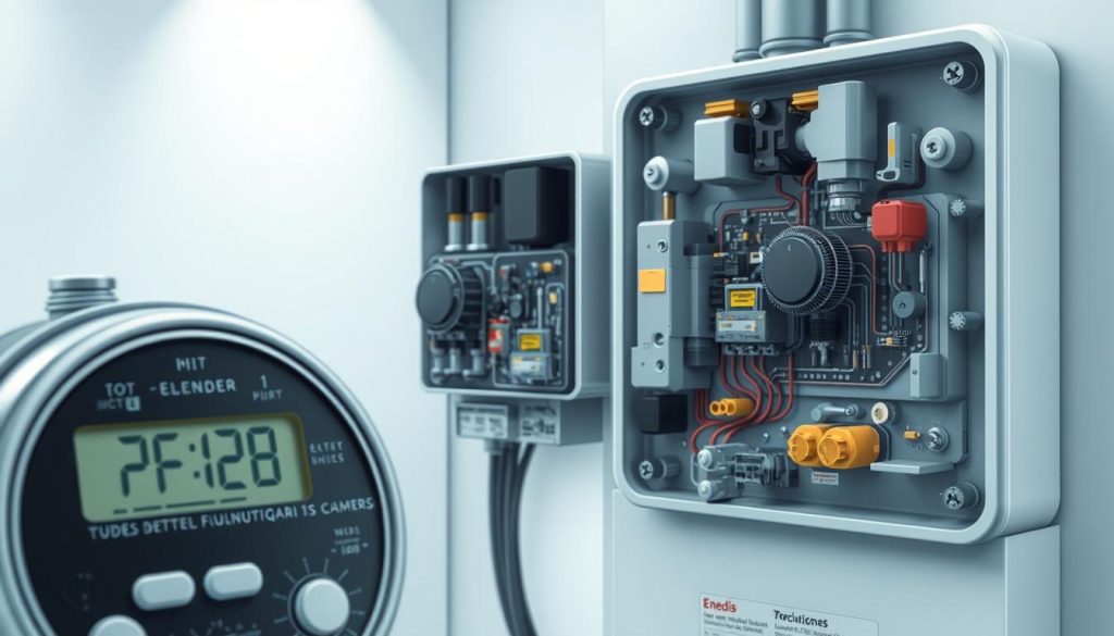 A detailed technical illustration showcasing the inner workings and components of an electric meter. Visible in the foreground is the meter display, dials, and connectors. The middle ground depicts the various sensors, circuits, and wiring that monitor and regulate the electricity flow. The background features a clean, minimalist environment with soft lighting, emphasizing the precision engineering of the device. The overall tone is one of functional sophistication, providing a clear visual reference for the "Interventions techniques et tarification des services Enedis" section.