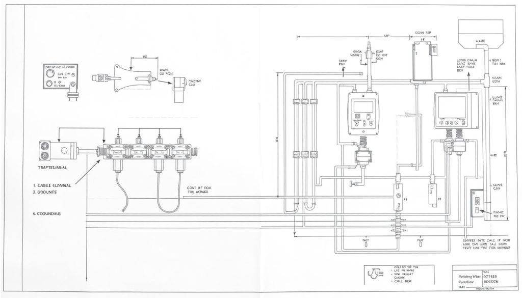 A detailed technical schematic diagram of an electrical connection procedure. The image shows a clean, well-lit engineering drawing with precise lines, annotations, and measurements. The foreground displays the step-by-step process of properly connecting electrical wires, including specific components like terminals, cable glands, and grounding. The middle ground depicts the overall electrical system layout, with conduits, junction boxes, and other infrastructure. The background features a minimalist white or light gray backdrop, creating a professional, instructional atmosphere. The visual style is technical, blueprint-like, and optimized for clarity and understanding the steps involved in the electrical connection process.