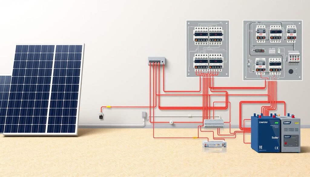 A highly detailed, technically accurate schematic diagram of a solar panel electrical system. The foreground depicts a set of solar panels connected in parallel, with clear annotations outlining the key components such as charge controllers, inverters, and batteries. The middle ground showcases the wiring and cabling layout, using precise symbols and color-coding to denote the positive and negative terminals. In the background, a complementary layout of the electrical distribution board and circuit breakers is visible, providing a comprehensive overview of the entire system. The scene is rendered with a clean, minimalist aesthetic, emphasizing clarity and precision to serve as a instructional visual aid.
