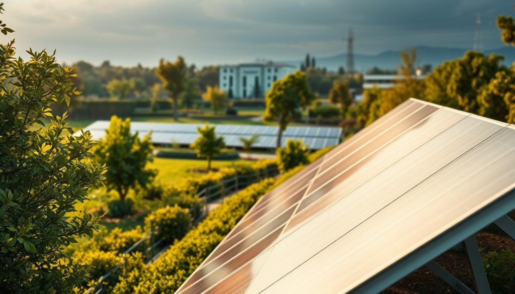 A serene solar panel installation nestled amidst lush greenery, casting a warm glow under a soft, diffused light. In the foreground, sleek photovoltaic modules arranged in a tiered layout, their clean lines and efficient design reflecting the principles of third-party investment. The middle ground features a well-manicured landscape, with trees and shrubs providing a natural backdrop, conveying a sense of harmony between renewable energy and the environment. In the distance, a modern, energy-efficient building stands as a testament to the integration of sustainable solutions. The overall scene evokes a feeling of tranquility and environmental consciousness, embodying the essence of "Comprendre le tiers investissement".