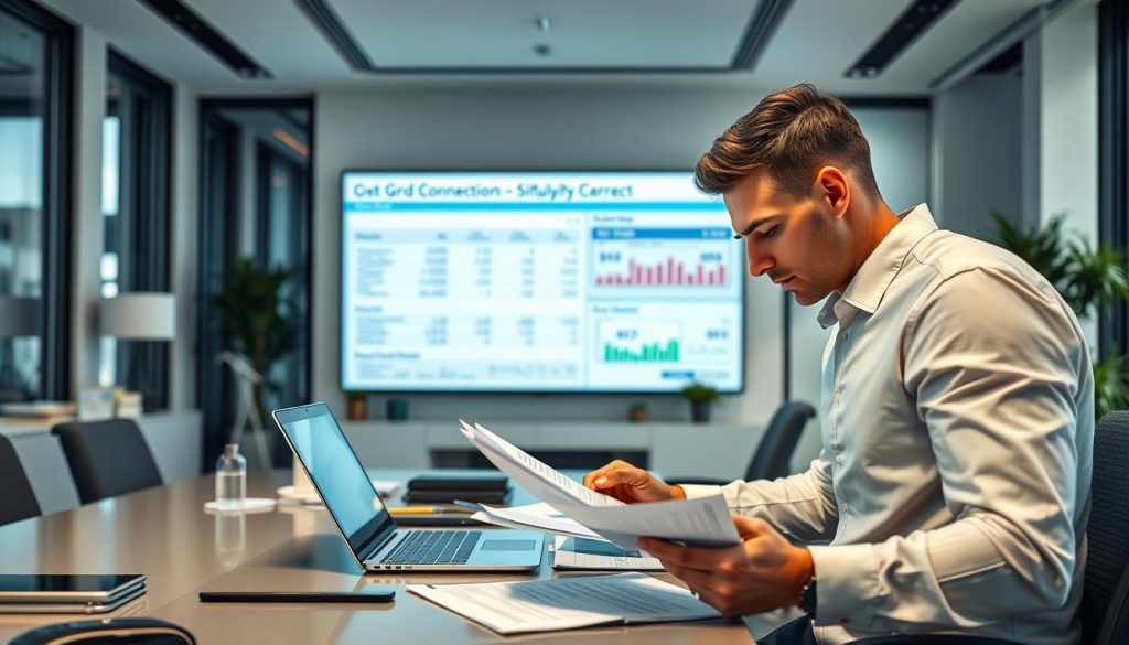 A sleek, modern office environment with a focus on cost estimation for utility grid connections. The scene features a sophisticated desk setup with a laptop, tablet, and various office supplies. In the foreground, a person is intently studying financial documents, their brow furrowed in concentration. The middle ground showcases a large display screen depicting detailed cost breakdowns and simulations. The background includes minimalist decor and floor-to-ceiling windows, allowing natural light to flood the space and create a sense of professionalism and efficiency. The overall mood is one of precision, analysis, and a thorough approach to understanding the financial implications of utility grid connections.