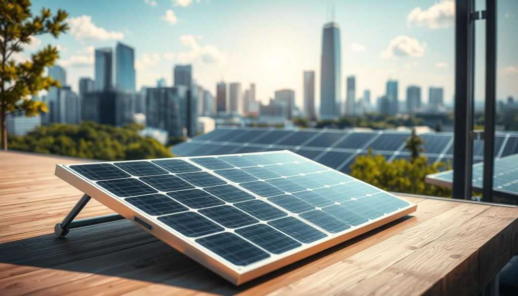 A sleek, modern solar panel design showcasing the technical innovations of the s17 model. In the foreground, a single panel is depicted in crisp detail, its metallic frame and tempered glass surface glistening under natural sunlight. The middle ground reveals a group of panels seamlessly integrated into a minimalist architectural structure, harnessing renewable energy with efficiency and style. In the background, a cityscape of gleaming skyscrapers and lush greenery suggests the s17's suitability for both residential and commercial applications. The image conveys a sense of forward-thinking engineering, sustainable technology, and a future-focused energy solution.