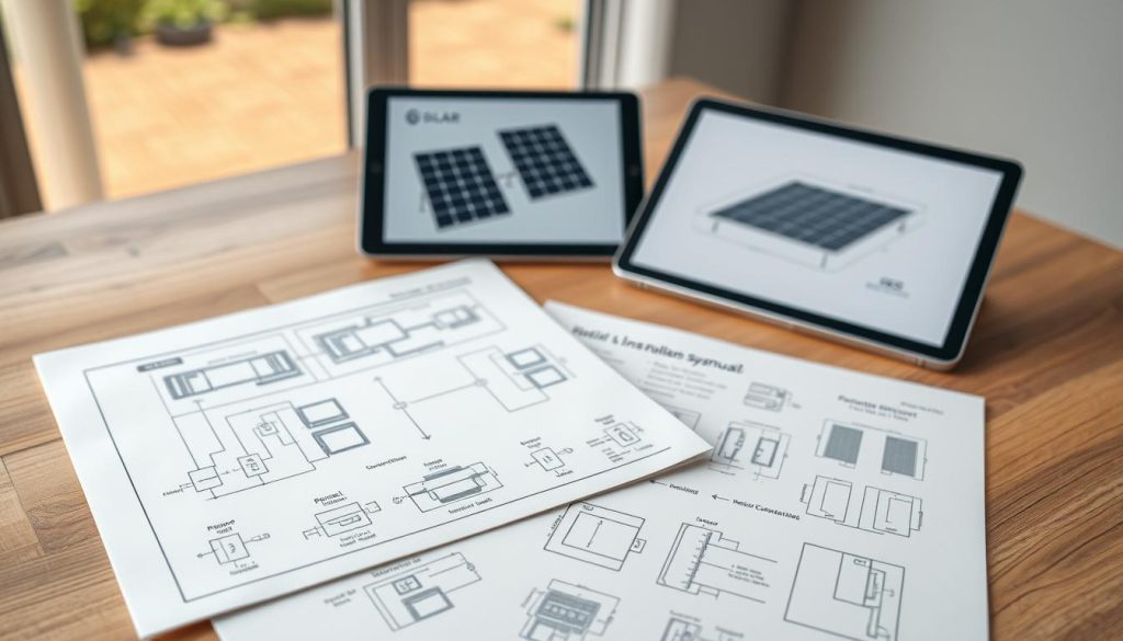 A technical installation manual for a solar power system, displayed on a wooden table with a minimalist, clean design. In the foreground, various engineering diagrams and schematics showing electrical wiring, panel configurations, and installation specifications. In the middle ground, a tablet or laptop screen showcases 3D renderings of the solar panel layout and mounting structure. The background features a muted, blurred view of a sunny outdoor scene, hinting at the real-world application of the technical documentation. Lighting is soft and diffused, creating a professional, informative atmosphere. The overall composition emphasizes the practical, hands-on nature of a solar power system installation guide.