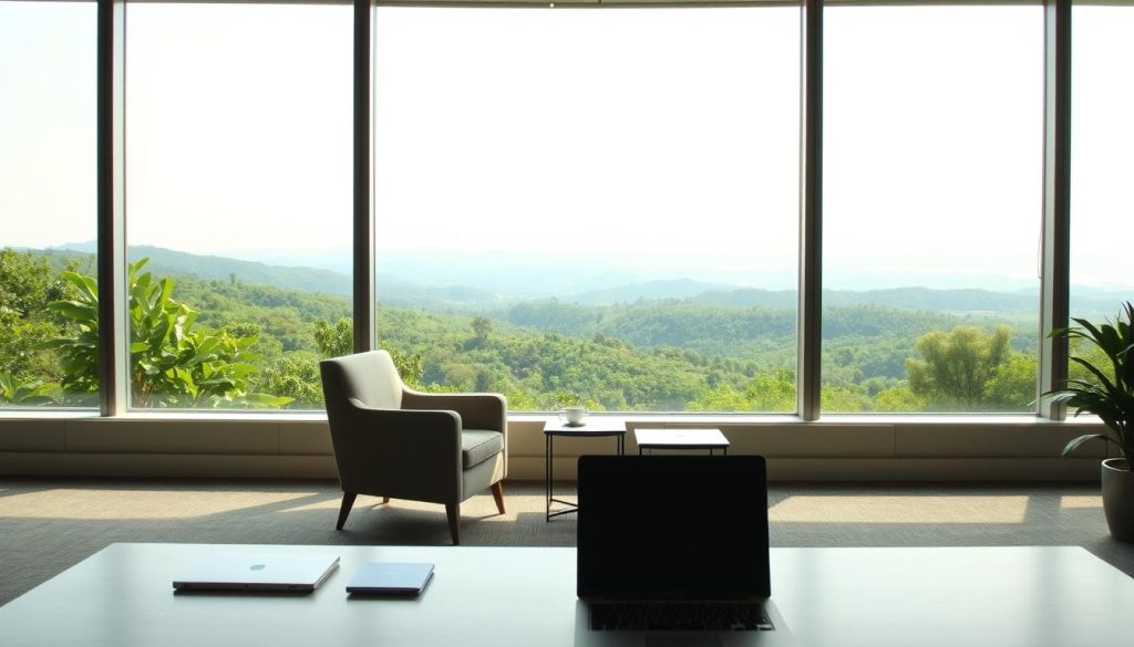A tranquil office scene with a large window overlooking a lush, verdant landscape. In the foreground, a stylish, minimalist desk with a sleek laptop and a few carefully placed office supplies. The middle ground features a comfortable armchair and a small side table, creating a cozy nook for thoughtful contemplation. Soft, diffused natural lighting filters in, casting a warm, soothing glow throughout the space. The background showcases an expansive, panoramic view of rolling hills and a distant, hazy horizon, conveying a sense of openness and possibility. The overall atmosphere is one of serenity, productivity, and the advantages of a thoughtful, third-party investment approach.