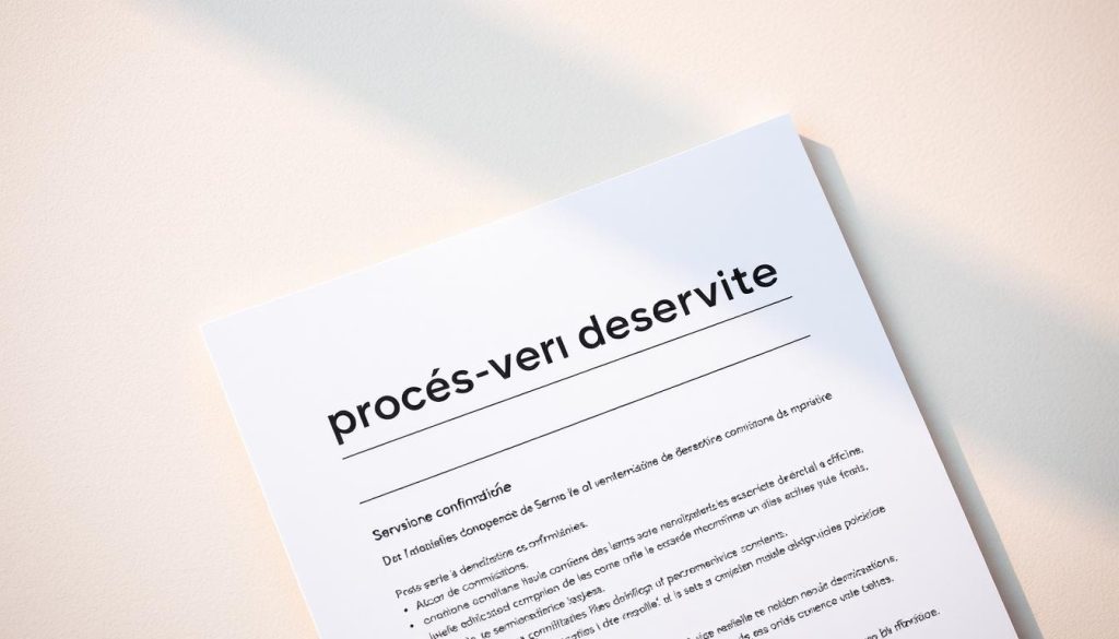 A close-up view of a formal administrative document titled "procès-verbal de mise en service conformité" (service commissioning compliance report) against a neutral, lightly textured background. The document appears crisp and well-organized, with clean lines and precise formatting. Subtle warm lighting casts a sense of authority and professionalism, while the overall composition conveys a tone of institutional credibility. The document's layout and design elements are clearly visible, allowing the viewer to study the structure and contents of this important administrative paperwork.