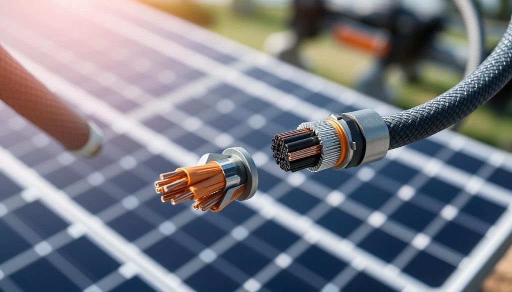 A close-up view of solar cable security, showcasing the robust construction and safety features. The foreground displays the cable's braided sheath, designed to withstand weathering and abrasion, while the middle ground highlights the reinforced connectors, ensuring secure and reliable connections. The background subtly suggests a solar panel array, contextualizing the scene within a renewable energy setting. Crisp lighting accentuates the cable's textures, and a slightly elevated camera angle provides a visually appealing perspective. The overall mood conveys a sense of reliability, durability, and attention to safety standards in the photovoltaic industry.