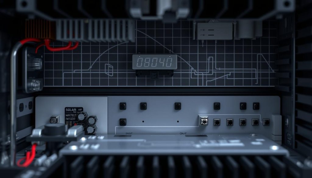 A close-up view of the internal components of a photovoltaic inverter, with a clean, technical aesthetic. The foreground features the inverter's circuitry, capacitors, and heat sinks, all rendered in a minimalist, schematic style. The middle ground showcases the inverter's input and output terminals, illustrating the flow of electricity from the solar panels to the grid. In the background, a subtle wireframe grid or blueprint-like pattern provides context and a sense of technical precision. The lighting is soft and directional, emphasizing the inverter's intricate engineering. The overall mood is one of functional elegance, conveying the essential principles of photovoltaic inverter operation.