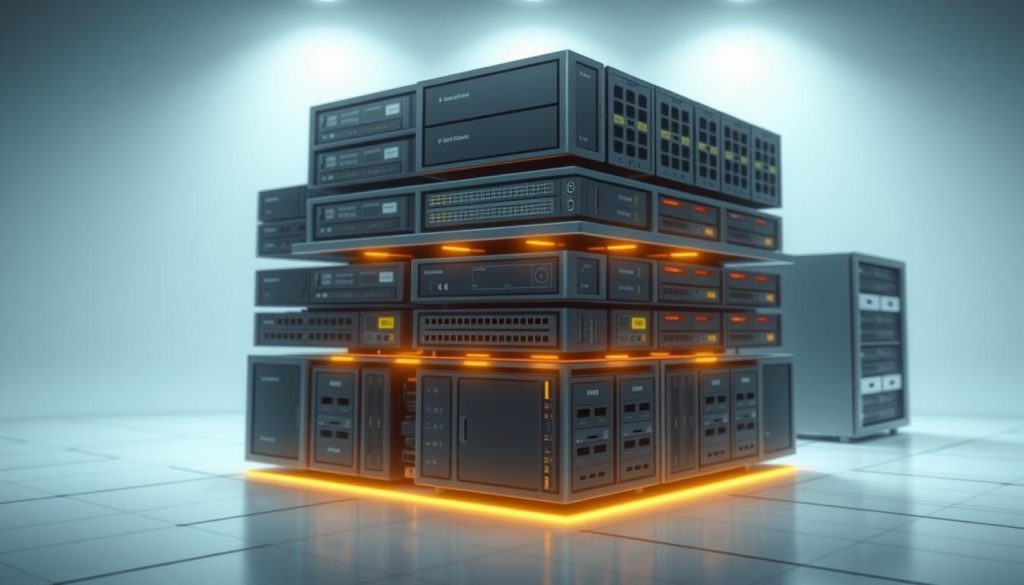 A detailed and technical illustration of the storage hierarchy, depicting a multi-layered structure with various storage media arranged in a clear hierarchy. The foreground should feature a centralized data storage unit, surrounded by an array of storage devices such as solid-state drives, hard disk drives, and tape libraries, each with distinct visual characteristics. The middle ground should showcase interconnected pathways and interfaces, conveying the seamless integration of these storage components. The background should provide a minimalist, clean, and professional environment, emphasizing the technical and organizational nature of the storage hierarchy. Lighting should be soft and diffused, creating a sense of depth and clarity, while the camera angle should be slightly elevated to provide an overview of the entire system. The overall mood should be one of efficiency, reliability, and technical sophistication.
