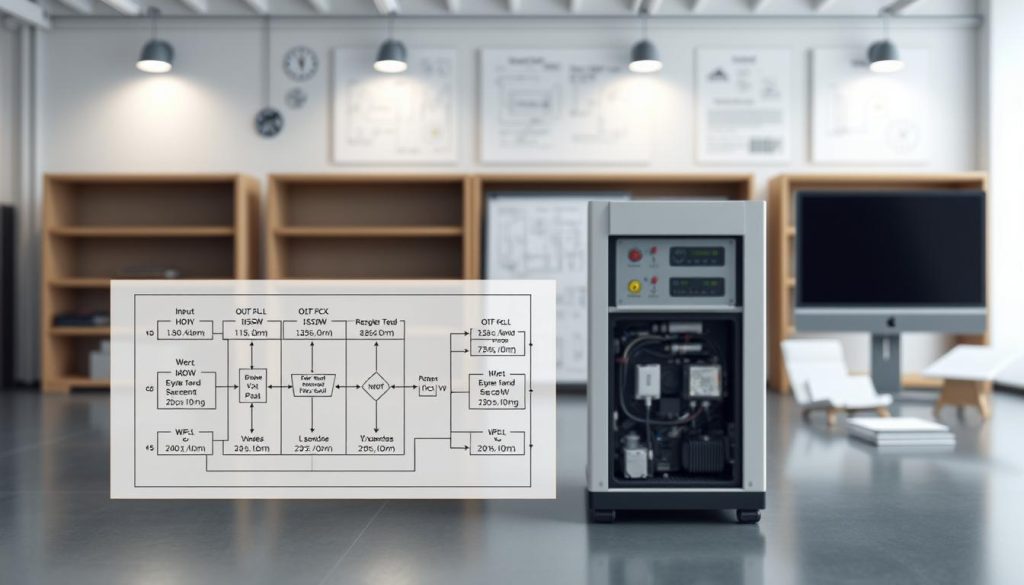 A detailed technical illustration depicting the calculation of inverter power requirements for various electrical equipment. In the foreground, a detailed schematic diagram showing the input and output power specifications of different devices, with clear labels and numerical values. In the middle ground, a 3D model of a high-efficiency inverter unit, showcasing its internal components and cooling system. In the background, a clean, minimalist workspace with engineering diagrams and technical references visible, creating a professional, industrial atmosphere. Realistic lighting and a neutral color palette enhance the technical, informative nature of the image. The overall composition should convey a sense of precision, functionality, and practical problem-solving.