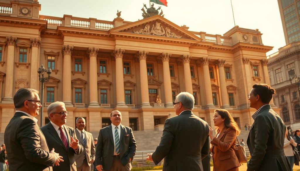 A grand, ornate government building stands tall, its stately facade bathed in warm, golden light. Intricate architectural details and grand columns create an imposing, authoritative presence. In the foreground, well-dressed officials converse and gesticulate, their body language hinting at policy discussions and institutional negotiations. The middle ground depicts various sector representatives - business leaders, community organizers, and industry experts - engaged in animated dialogue, conveying the diverse stakeholders involved in institutional interventions. The background hints at a bustling urban landscape, underscoring the broad societal impact of these institutional actions. An atmosphere of gravitas, collaboration, and high-level decision-making permeates the scene.