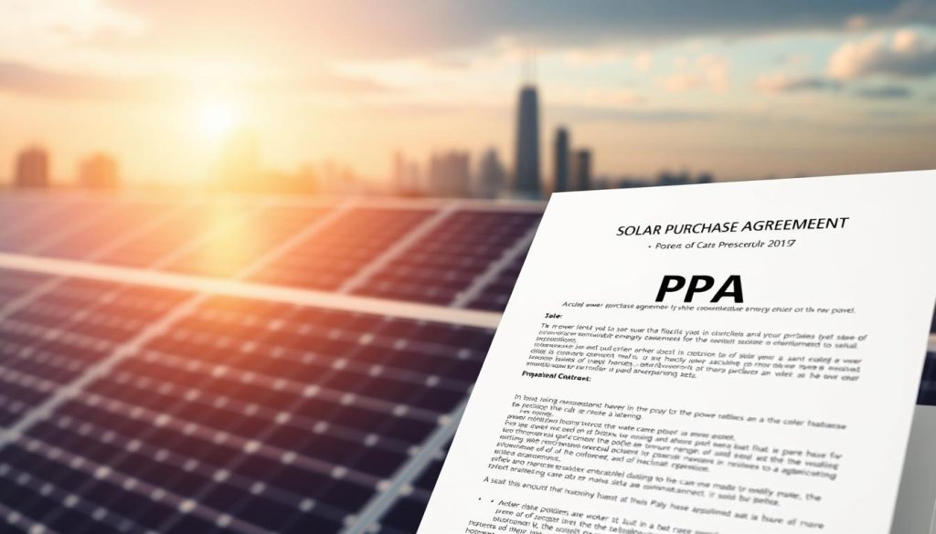 A high-resolution, photorealistic image of a solar power purchase agreement (PPA) contract. The contract is prominently displayed in the foreground, with a clean, modern design and crisp, legible text. In the middle ground, a solar panel array is visible, casting a warm, natural light across the scene. The background features a blurred cityscape, symbolizing the real-world application of this renewable energy solution. The overall atmosphere is one of professionalism, clarity, and the promise of a sustainable energy future.