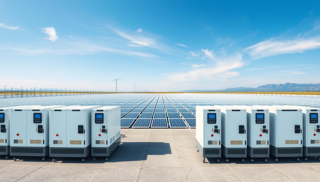 A large industrial-scale solar power installation, with rows of sleek, modern inverters neatly arranged in the foreground. The inverters are depicted in an isometric or three-quarter view, showcasing their robust, modular design and various input/output connections. The middle ground features a panoramic view of the expansive solar panel array, with rows of solar modules stretching out into the distance. The background depicts a clear, blue sky with a few wispy clouds, conveying a sense of renewable energy and sustainability. The overall lighting is bright and directional, accentuating the clean lines and technical details of the inverters. The composition is balanced and symmetrical, emphasizing the scale and precision of the solar power system.