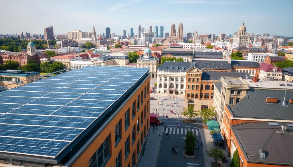 A large-scale solar installation situated prominently within a vibrant municipal setting. The foreground features an array of sleek, modern photovoltaic panels mounted on the rooftops of municipal buildings, casting a warm, renewable glow. The middle ground showcases a bustling town square, with pedestrians and vehicles moving about, underscoring the integration of this sustainable technology into the local community. In the background, a cityscape of distinctive architectural styles rises, representing the diverse infrastructure of a thriving, forward-thinking municipality. The lighting is natural and diffused, creating a sense of openness and civic pride. The overall composition conveys the strategic implementation of solar power as a key component of the community's renewable energy initiatives.