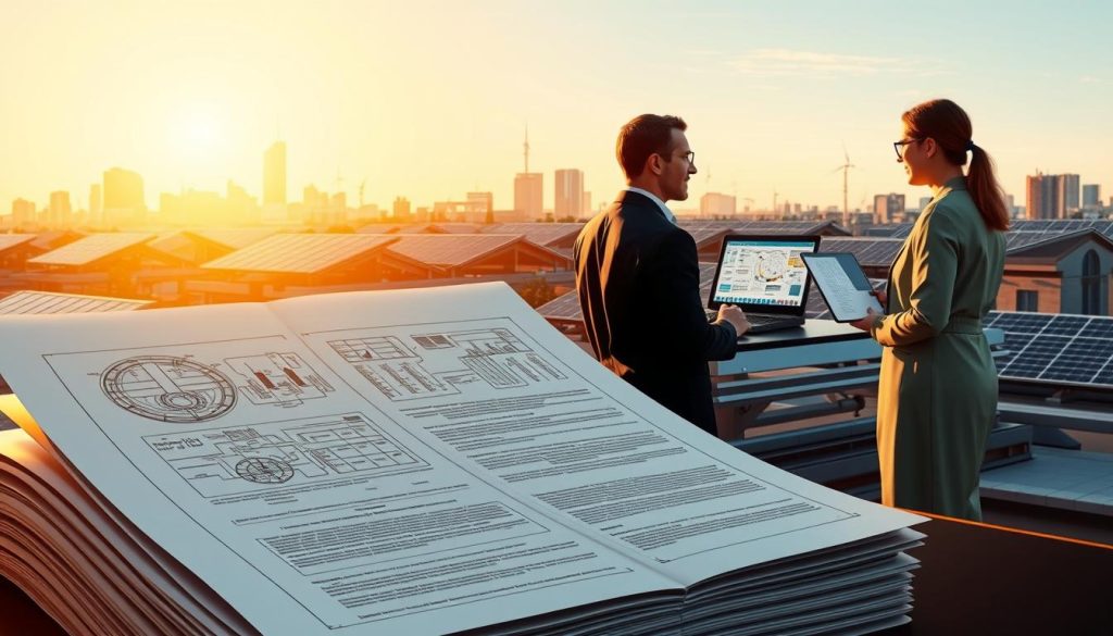 A meticulously detailed, photorealistic illustration of the regulatory framework for solar energy, set against a backdrop of a modern cityscape bathed in warm, golden afternoon light. In the foreground, a stack of official documents and guidelines, their pages open to reveal intricate diagrams and technical specifications. Behind them, a group of engineers and policymakers engaged in discussion, their faces lit by the glow of computer screens displaying complex schematics and legal codes. In the distance, the sleek, angular silhouettes of solar panels dot the rooftops, casting long shadows across the scene. The overall impression is one of a carefully constructed, multilayered system of rules and regulations governing the solar energy industry, underscoring the importance of this "Cadre réglementaire et normatif des acteurs" in the context of the article.
