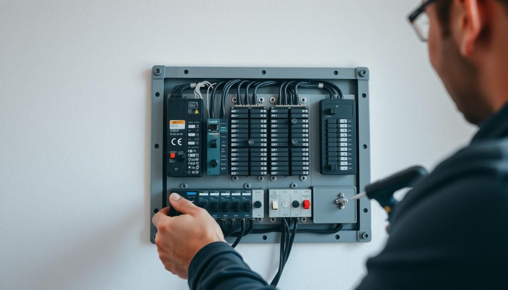 A modern electrical panel with various circuit breakers and switches, set against a clean, minimalist interior. The panel is the focal point, mounted on a light gray wall with subtle texture. Soft, directional lighting highlights the intricate details of the electrical components, conveying a sense of precision and functionality. In the foreground, a hands-on installation scene with a professional electrician carefully selecting the appropriate circuit breaker, their tools neatly arranged. The overall atmosphere is one of efficiency, technical expertise, and a thoughtful approach to optimizing the electrical system. A modern electrical panel with various circuit breakers and switches, set against a clean, minimalist interior. The panel is the focal point, mounted on a light gray wall with subtle texture. Soft, directional lighting highlights the intricate details of the electrical components, conveying a sense of precision and functionality. In the foreground, a hands-on installation scene with a professional electrician carefully selecting the appropriate circuit breaker, their tools neatly arranged. The overall atmosphere is one of efficiency, technical expertise, and a thoughtful approach to optimizing the electrical system.