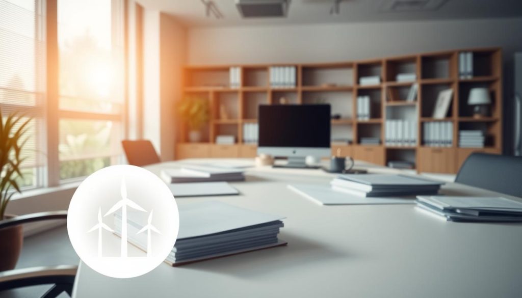 A serene office interior with a large desk, a computer, and various administrative documents neatly arranged. Soft natural lighting filters through the window, casting a warm glow across the scene. In the foreground, a stylized icon or graphic depicting renewable energy sources, such as solar panels or wind turbines, stands out against the neutral color palette. The overall atmosphere conveys a sense of professionalism and efficiency in handling the administrative procedures related to renewable energy projects.