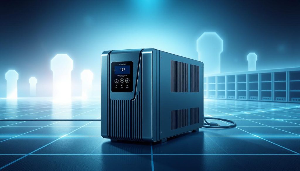A sleek, futuristic illustration of an interactive uninterruptible power supply (UPS) system. In the foreground, a stylized, metallic UPS device with a prominent LCD display and intuitive controls. The middle ground features a minimalist network of power cables and outlets, seamlessly integrated into the design. In the background, a clean, techno-industrial landscape with glowing, geometric shapes, conveying the advanced, energy-efficient nature of the technology. The scene is bathed in a cool, blue-tinted lighting, creating a sense of precision and technological sophistication. The overall composition emphasizes the UPS's role in reliable, interactive power management.