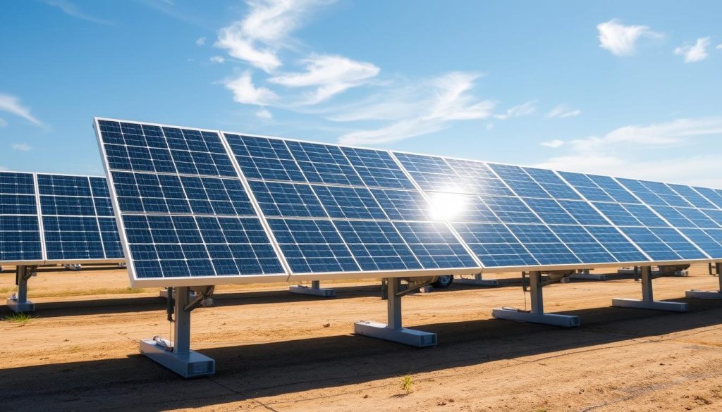 A sleek, modern solar photovoltaic installation with neatly arranged solar panels mounted on a sturdy metal frame. The panels glisten in the bright sunlight, casting clean, geometric shadows on the ground. In the background, a clear blue sky with a few wispy clouds complements the efficient, minimalist design. The installation is situated in a tranquil, open environment, emphasizing the sustainable and environmentally-friendly nature of the technology. The image conveys a sense of order, precision, and technological advancement in the field of renewable energy generation.