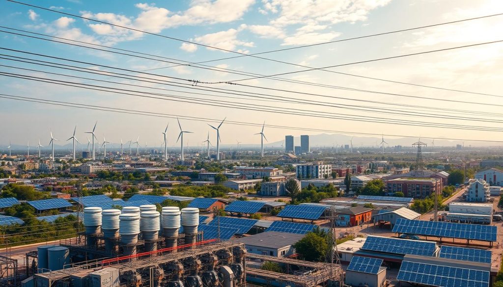 A sprawling renewable energy grid, with wind turbines and solar panels seamlessly integrated into the cityscape. Sleek power lines criss-cross the sky, channeling the abundant clean energy. In the foreground, a substation hums with activity, its advanced control systems managing the flow of power. The middle ground features a diverse array of renewable sources - towering turbines, gleaming solar arrays, and discreet geothermal installations. The background is a vibrant urban landscape, where modern architecture and lush greenery coexist in harmony. The scene conveys a sense of technological progress and environmental sustainability, reflecting the technical and regulatory advancements in the renewable energy sector.