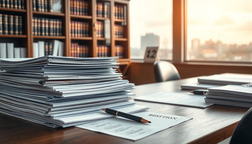 A well-organized office scene with a neatly arranged stack of documents, files, and pens on a wooden desk. The lighting is soft and natural, creating a warm, professional atmosphere. In the background, a bookshelf filled with legal volumes and a large window overlooking a cityscape. The scene conveys a sense of diligence and attention to detail, reflecting the care and preparation required for administrative procedures.