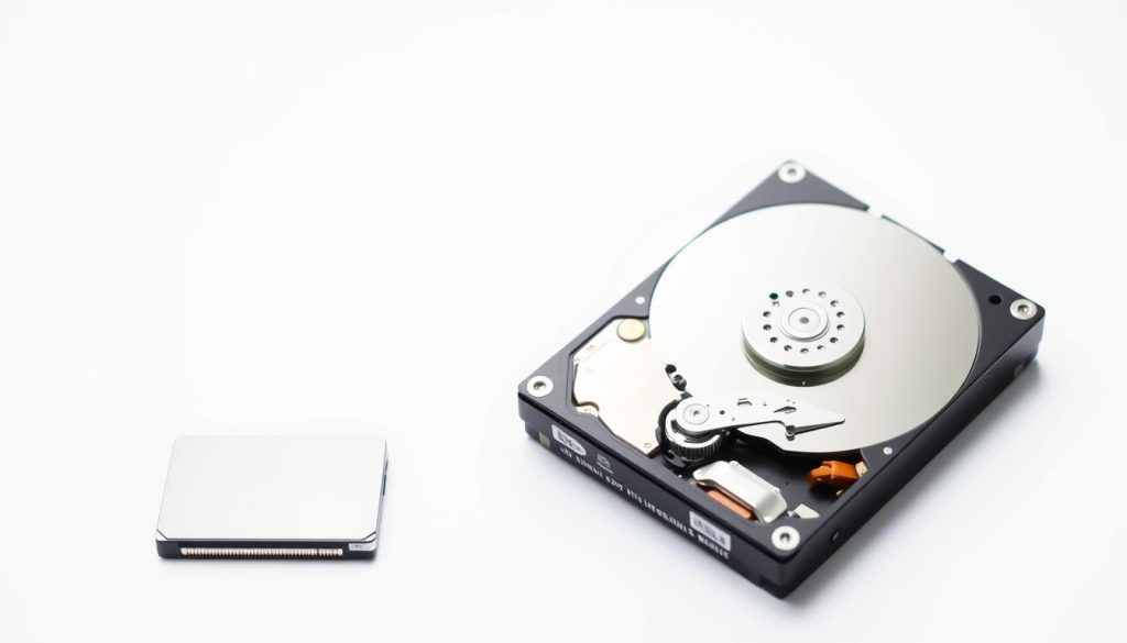 Comparison of a solid-state drive (SSD) and a hard disk drive (HDD) against a plain white background. The SSD and HDD are positioned side-by-side, showcasing their distinct physical characteristics - the slim, sleek SSD and the bulkier, mechanical HDD. Soft, directional lighting highlights the textures and contours of the storage devices, emphasizing their technological differences. The scene conveys a sense of simplicity and focus, allowing the viewer to clearly discern the key distinctions between these two common data storage solutions.