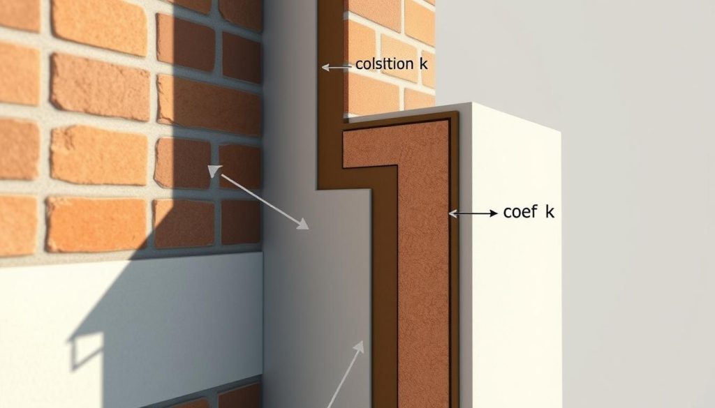 A cross-section diagram of a building's wall structure, highlighting the thermal insulation coefficient (coef k). The wall is rendered in detailed architectural view, showing the layers of materials - outer bricks, insulation, and inner plaster. The insulation layer is prominently featured, with callouts and numerical values indicating the coef k measurement. The lighting is crisp and clean, casting subtle shadows to accentuate the textures. The perspective is slightly elevated to provide a clear view of the wall's composition. The overall mood is informative and technical, suitable for illustrating the role of coef k in building thermal efficiency.