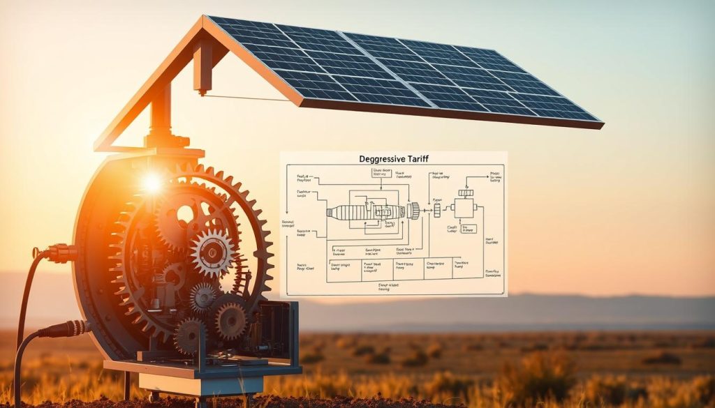 A cross-section of a sleek, modern solar photovoltaic system, with a detailed illustration of the inner workings of a degressive tariff mechanism. The foreground showcases the intricate gears, cogs, and circuits that control the dynamic pricing structure, bathed in a warm, golden light. The middle ground features a clear, technical schematic of the overall system, with labels and annotations detailing the key components. In the background, a serene, minimalist landscape with a faint horizon suggests the broader context of renewable energy integration. The overall composition conveys a sense of precision, efficiency, and the delicate balance between technology and the natural world.