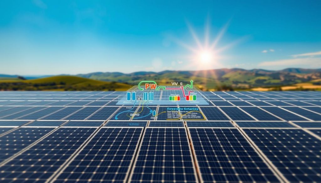 A detailed, expansive photovoltaic system optimization schematic. In the foreground, a solar panel array arranged in an efficient layout, showcasing various components like inverters, batteries, and charge controllers. The middle ground depicts a 3D diagram of the power flow and energy management system, with colorful visualizations of cost optimization algorithms. In the background, a scenic landscape with rolling hills, a clear blue sky, and the sun's rays shining down, symbolizing the renewable energy potential. The lighting is natural and warm, with subtle lens flares and depth of field blur, creating a sense of depth and professionalism. The overall mood is one of technical sophistication, environmental sustainability, and cost-effective renewable energy solutions.