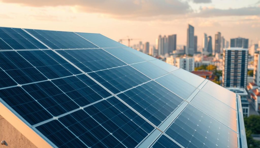 A detailed photorealistic image of solar panels on a building, showcasing the latest industry standards and regulations. The panels are seamlessly integrated into the building's architecture, blending form and function. The scene is bathed in warm, natural lighting, highlighting the sleek, minimalist design. The panels are positioned at an optimal angle, maximizing energy efficiency. In the background, a modern urban skyline provides context, emphasizing the role of solar power in sustainable city planning. The overall composition conveys a sense of innovation, progress, and environmental responsibility.