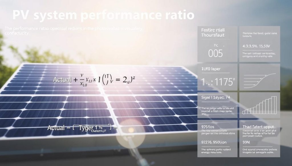 A detailed technical diagram depicting the performance ratio of a photovoltaic (PV) system. In the foreground, a clear visualization of the formula and its key components, such as the actual and theoretical energy output. The middle ground features a sleek, modern solar panel array, illuminated by natural lighting with soft shadows. In the background, a clean, minimalist layout showcases relevant data and metrics, presented in a way that is both informative and visually appealing. The overall tone is one of scientific precision and efficiency, reflecting the optimized nature of the PV system.