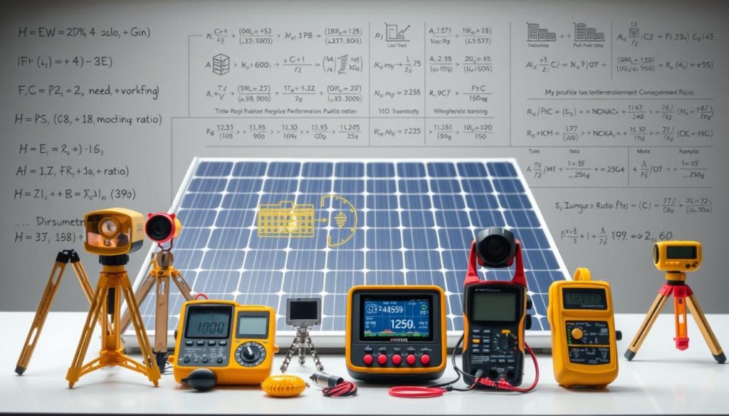 A detailed, technical schematic diagram of photovoltaic measurement methodologies. In the foreground, various measurement instruments and sensors are arranged, including pyranometers, multimeters, and thermal imaging cameras. The middle ground features a solar panel array, with annotated diagrams showcasing the different points of measurement and data collection. In the background, a grid of mathematical equations and flow charts illustrate the analytical approaches for calculating performance ratios and optimizing the photovoltaic system. The scene is illuminated by soft, diffused lighting, creating a calm, scientific atmosphere conducive to technical analysis.