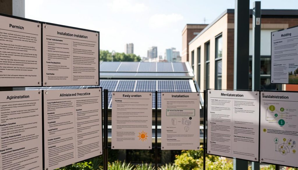 A neatly organized display of solar panel installation guidelines and administrative procedures, captured under natural daylight. The foreground showcases various informational panels with clear, concise instructions and diagrams on permitting, zoning regulations, and installation best practices. The middle ground features a modern, energy-efficient building facade, seamlessly integrating the solar panels. The background depicts a tranquil, urban landscape, emphasizing the harmonious integration of renewable energy solutions into the built environment. The overall scene conveys a sense of clarity, accessibility, and environmentally conscious design.