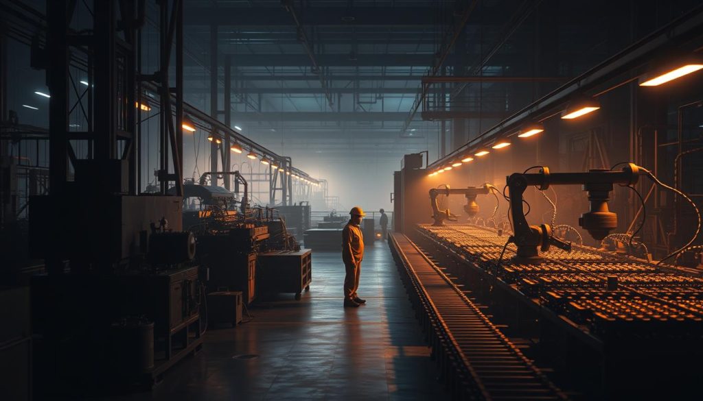 Dramatic evolution of traditional manufacturing, showcasing the transition from manual labor to automation. In the foreground, a dimly lit factory floor with intricate machinery and robotic assembly lines, casting long shadows and emitting a warm, industrial glow. In the middle ground, workers in protective gear overseeing the production process, their movements precise and efficient. The background fades into a hazy, futuristic landscape, hinting at the rapid advancements in manufacturing technology. Dramatic lighting casts dramatic contrasts, highlighting the marriage of human ingenuity and technological prowess. A sense of progress and innovation permeates the scene, reflecting the historical transformation of the manufacturing industry.