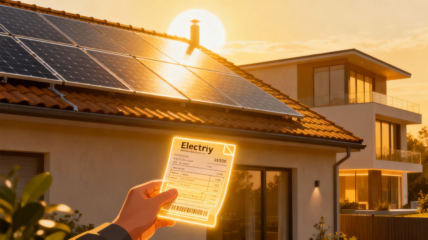 Panneaux solaires sur un toit avec une facture d'électricité stylisée.